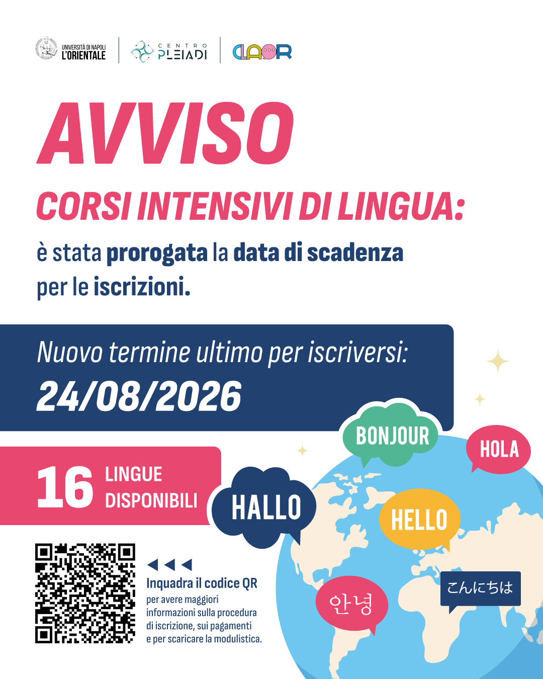Prorogate al 24 agosto le iscrizioni ai corsi intensivi di lingua