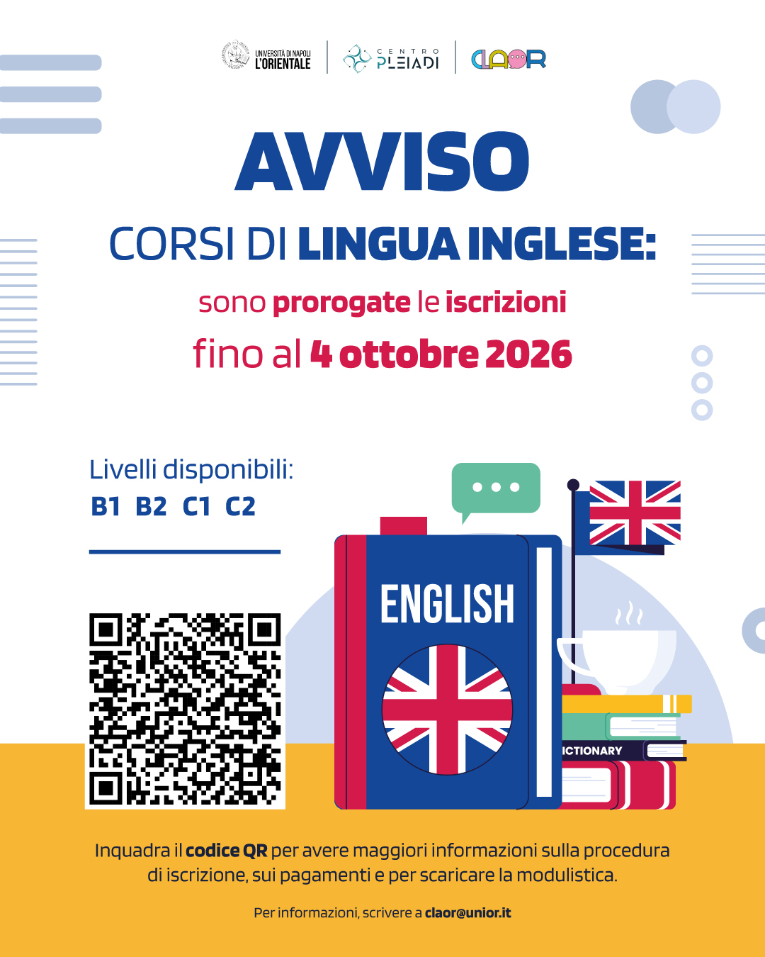 Corsi di inglese: proroga delle iscrizioni fino al 4 ottobre 2026