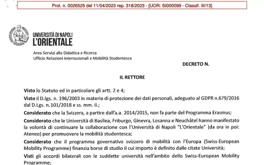 Secondo scorrimento Swiss European Mobility Programme II semestre