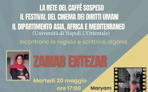 Incontro-dibattito con Zainab Entezar, scrittrice e regista afgana, autrice di cortometraggi e lungometraggi proiettati in vari Paesi e premiati a rassegne internazionali. E’ la testimone che il Festival del Cinema dei Diritti Umani di Napoli e la Rete del Caffè Sospeso hanno scelto per la sessione di lavoro del 2025, per rendere omaggio alla fermezza degli intellettuali e degli artisti che si oppongono ai regimi totalitari per difendere il diritto di espressione e di pensiero. Durante l'incontro saranno