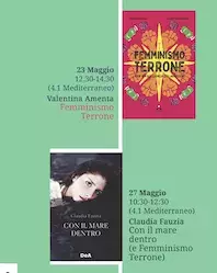 Negli ultimi due incontri del seminario la classe incontrerà le due autrici Valentina Amenta, co-autrice di "Femminismo Terrone" (23 maggio, 12:30), e Claudia Fauzia, autrice di "Con il mare dentro" (27 maggio ore 10:30). Le studiose discuteranno con il moderatore e con la classe questioni di femminismo, intersezionalità, e antimeridionalismo.